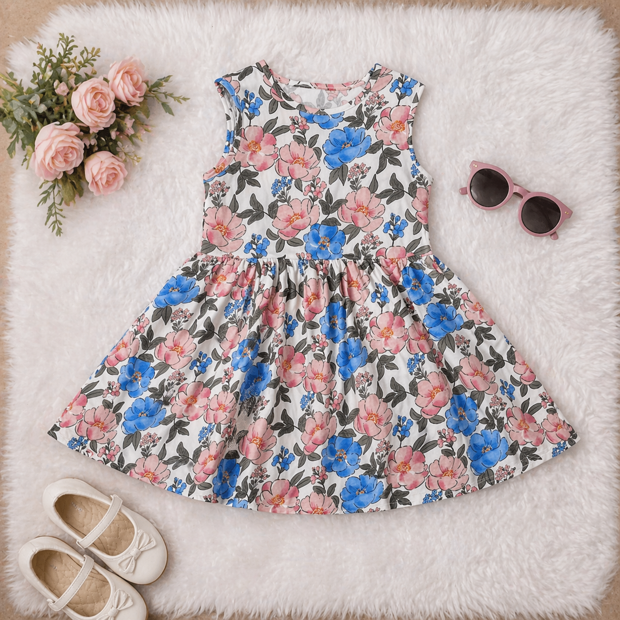 White Floral Sleeveless Fit & Flare Dress