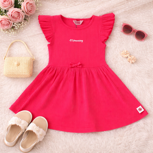 Cherry Pink Ribbed Frill Drepss