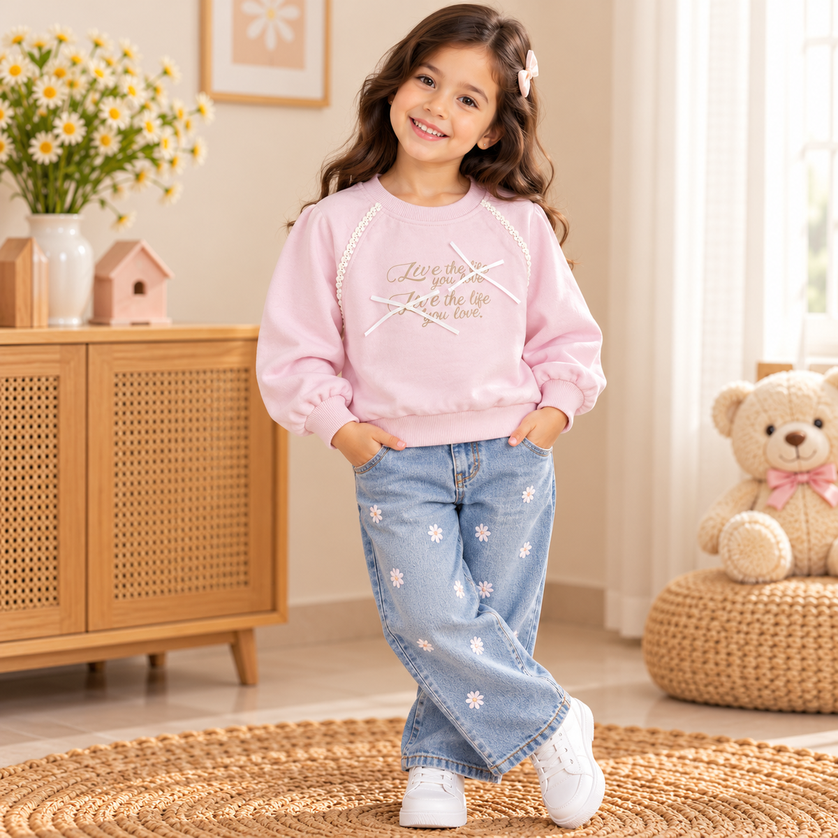 Pink Lace Trim Bow Detail Sweatshirt for Kids