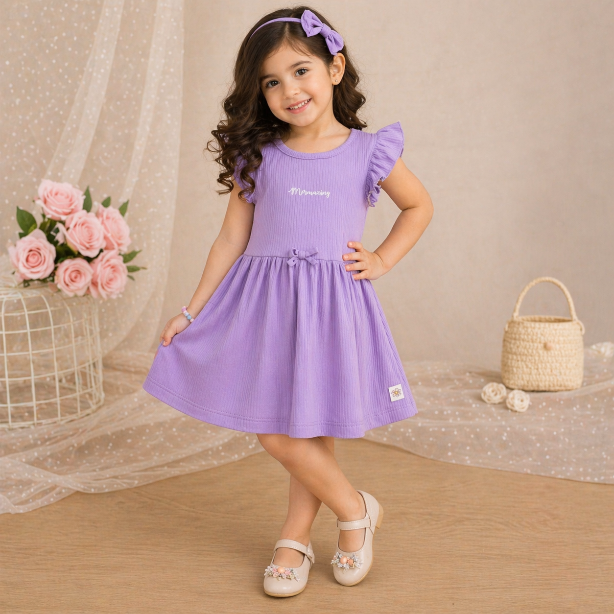 Lavender Ribbed Ruffle Sleeve Dress