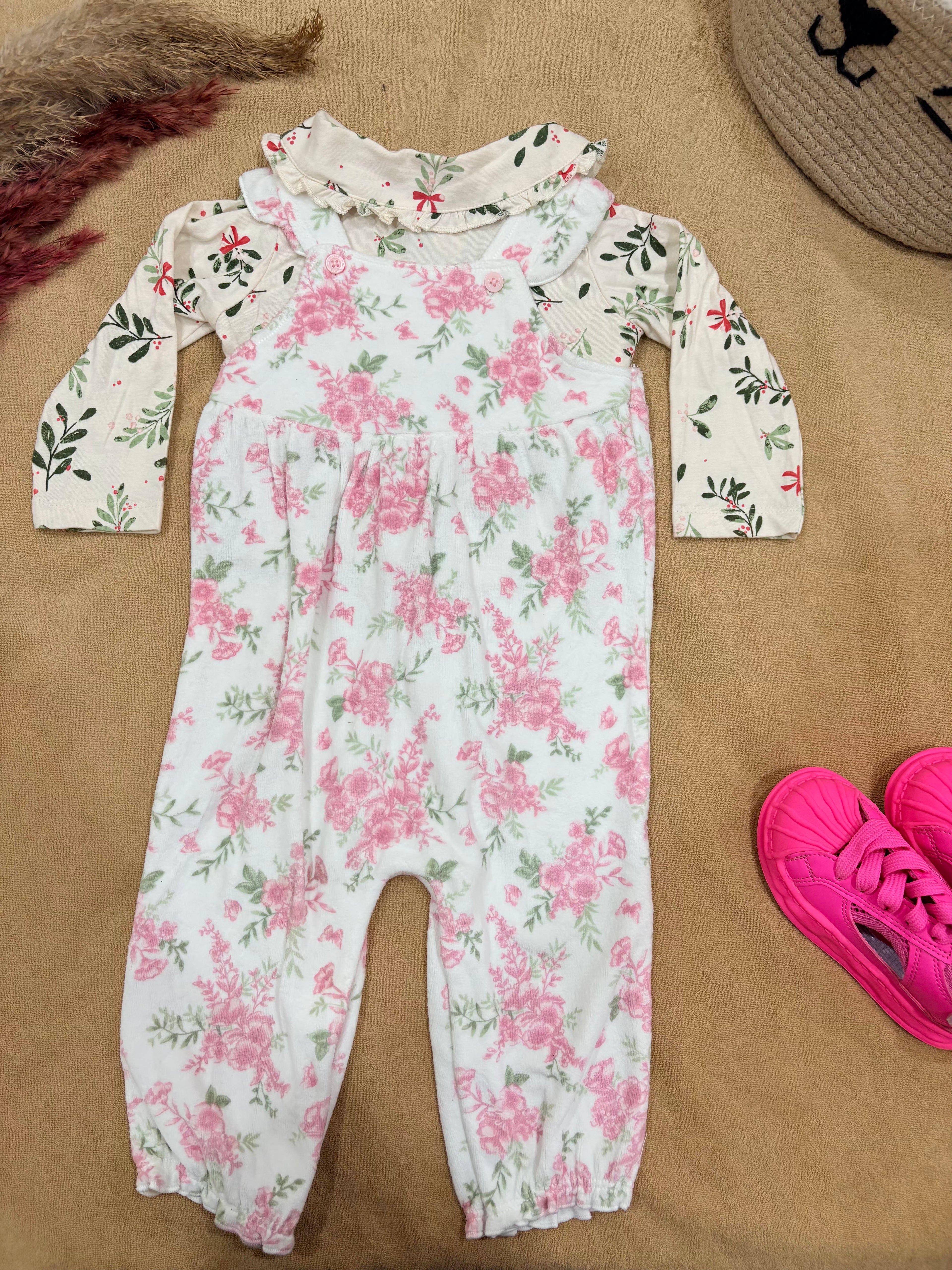 Baby Girls Floral Dungaree Style Jumpsuit Set with Ruffle Collar Top