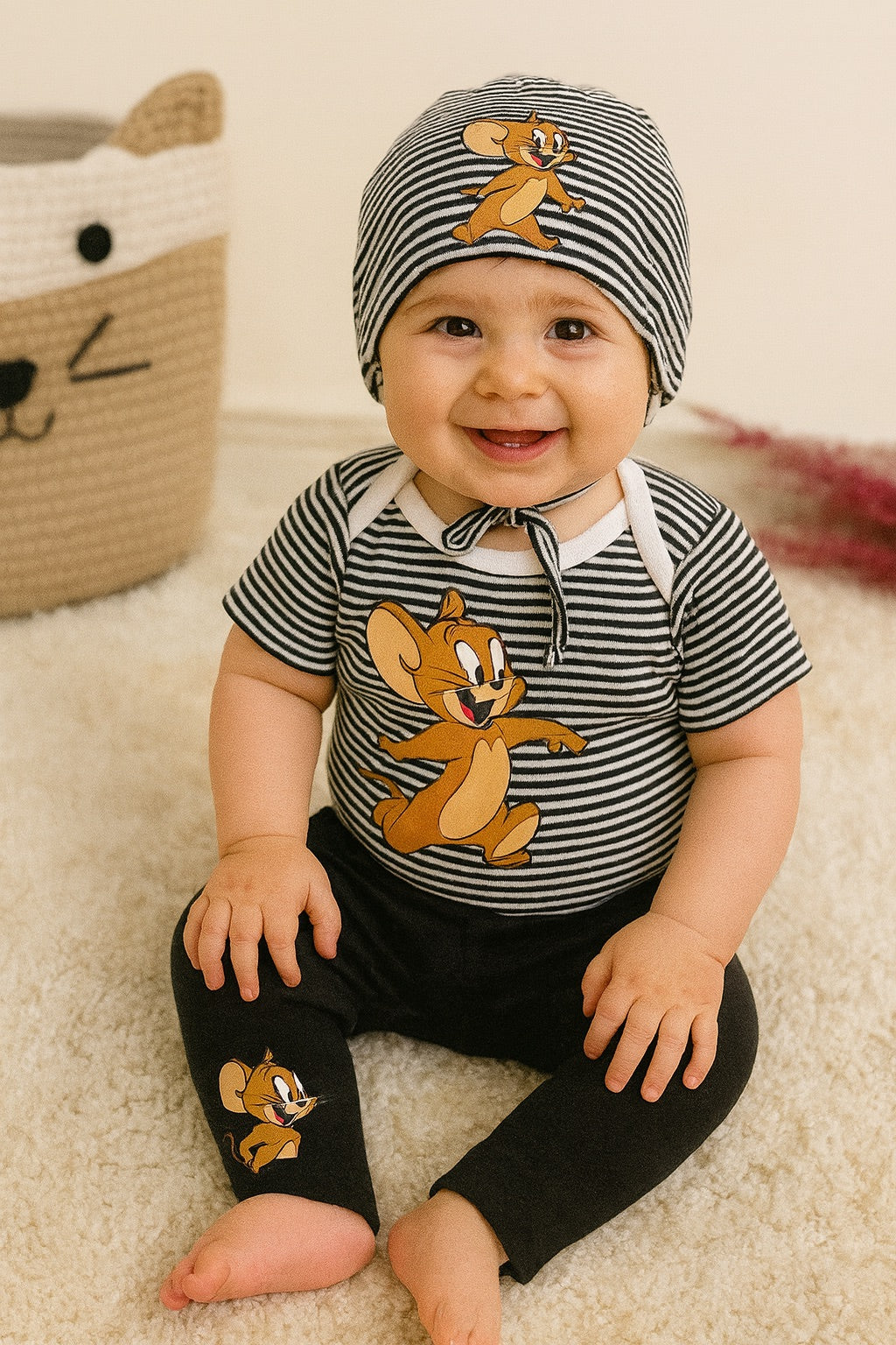 Tom & Jerry Printed Black Baby Romper Co-ord Set with Cap