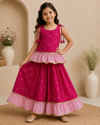 Magenta chundari Printed Top & Skirt Set