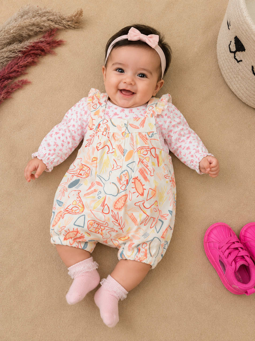 Baby Girl Safari Print Layered Jumpsuit with Full Sleeve Inner Tee