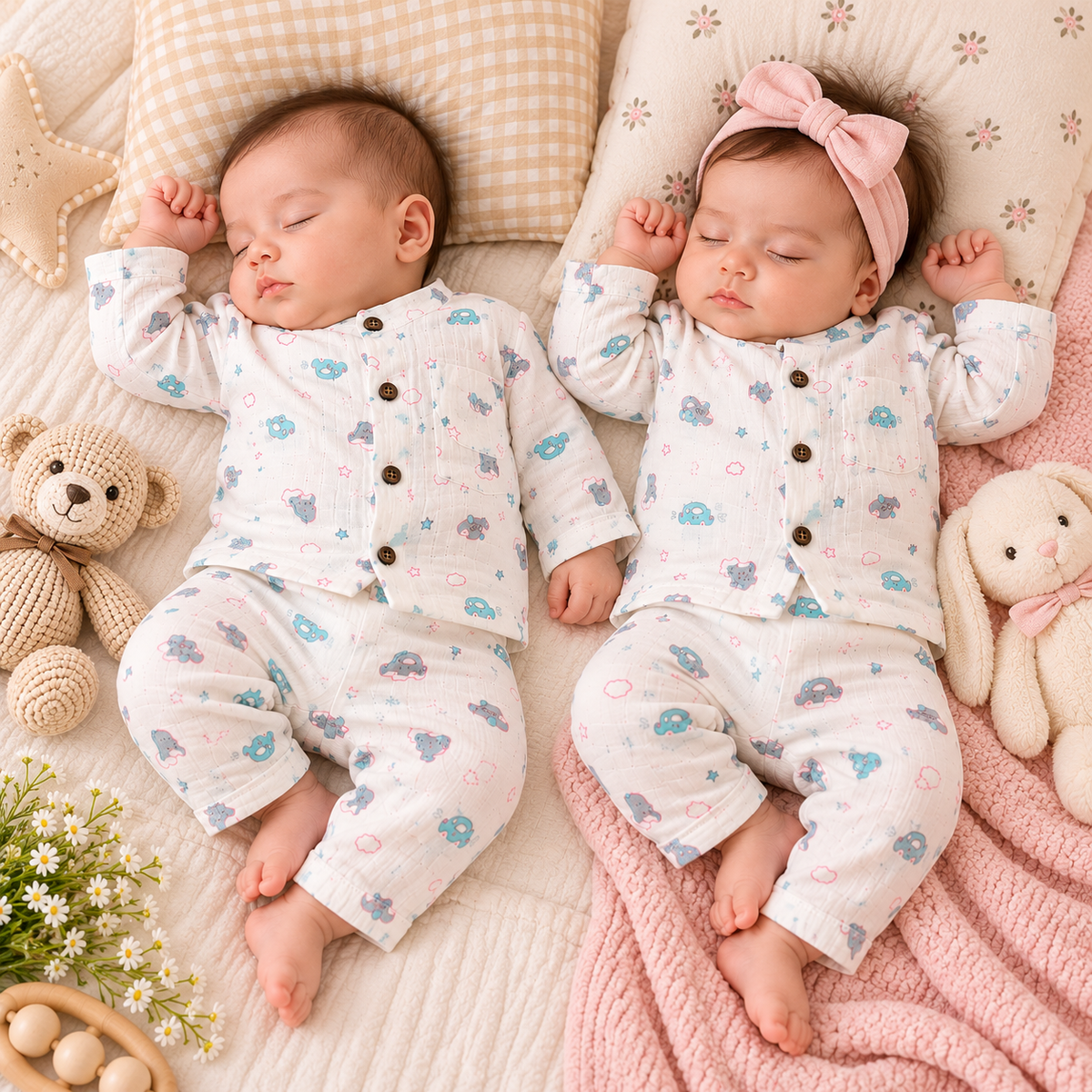 Pastel Printed Muslin Shirt & Pajama Set