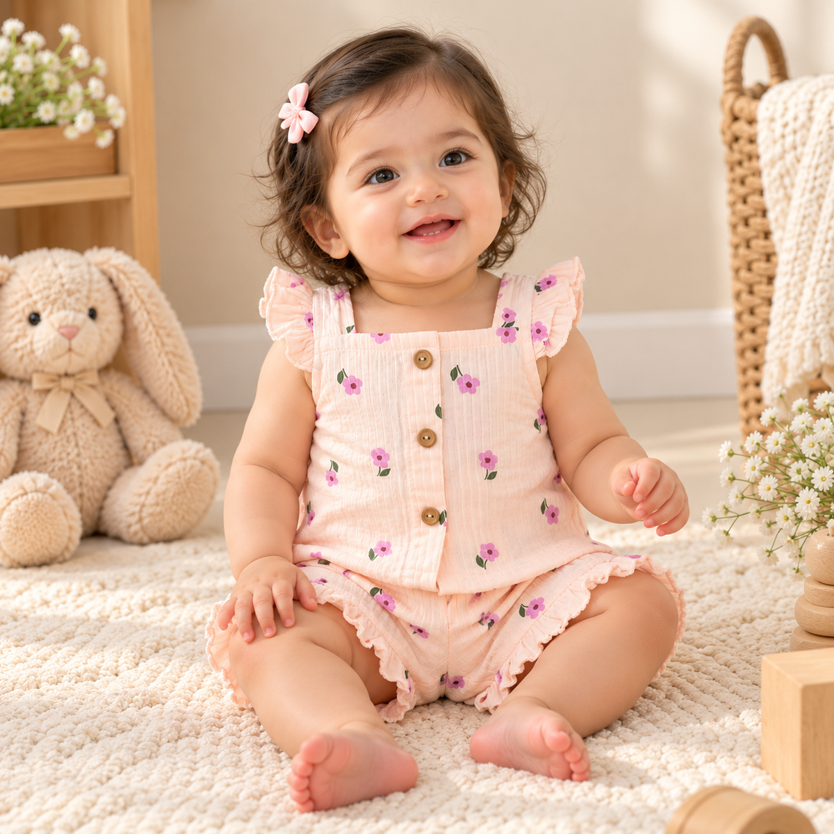 Pink Floral Button-Front Top & Shorts Set