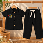 Little Super Hero Black Muslin Shirt & Pants Set