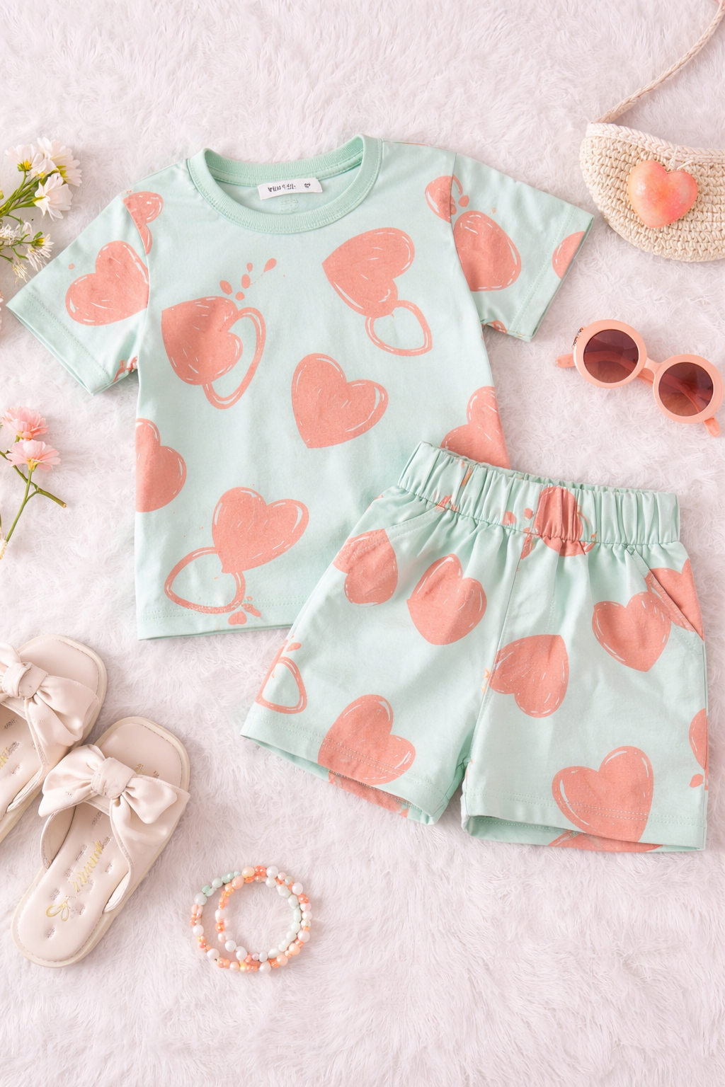 Mint Heart Print short Set