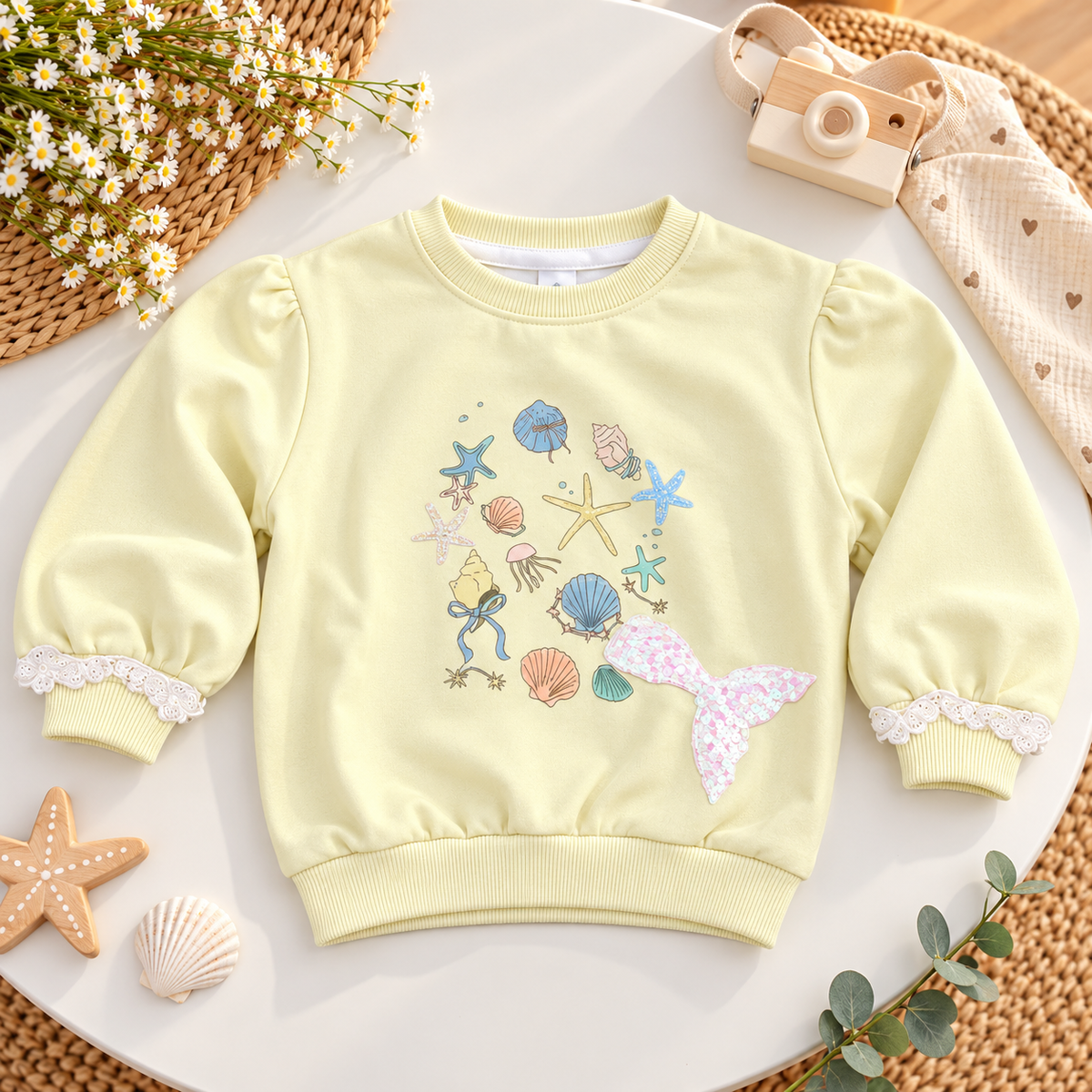 Pastel Yellow Mermaid Appliqué Sweatshirt