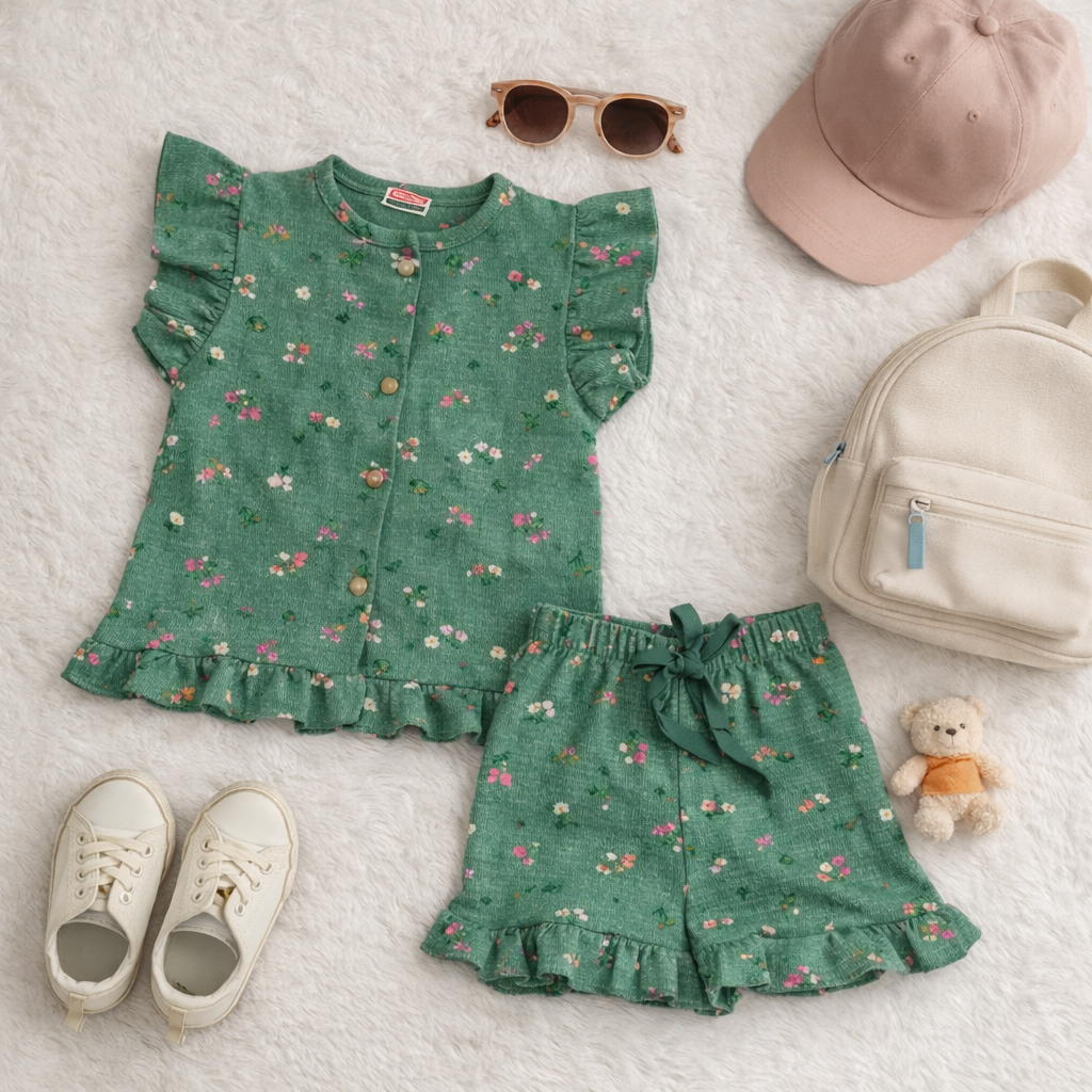 Green Floral Girls Short Set