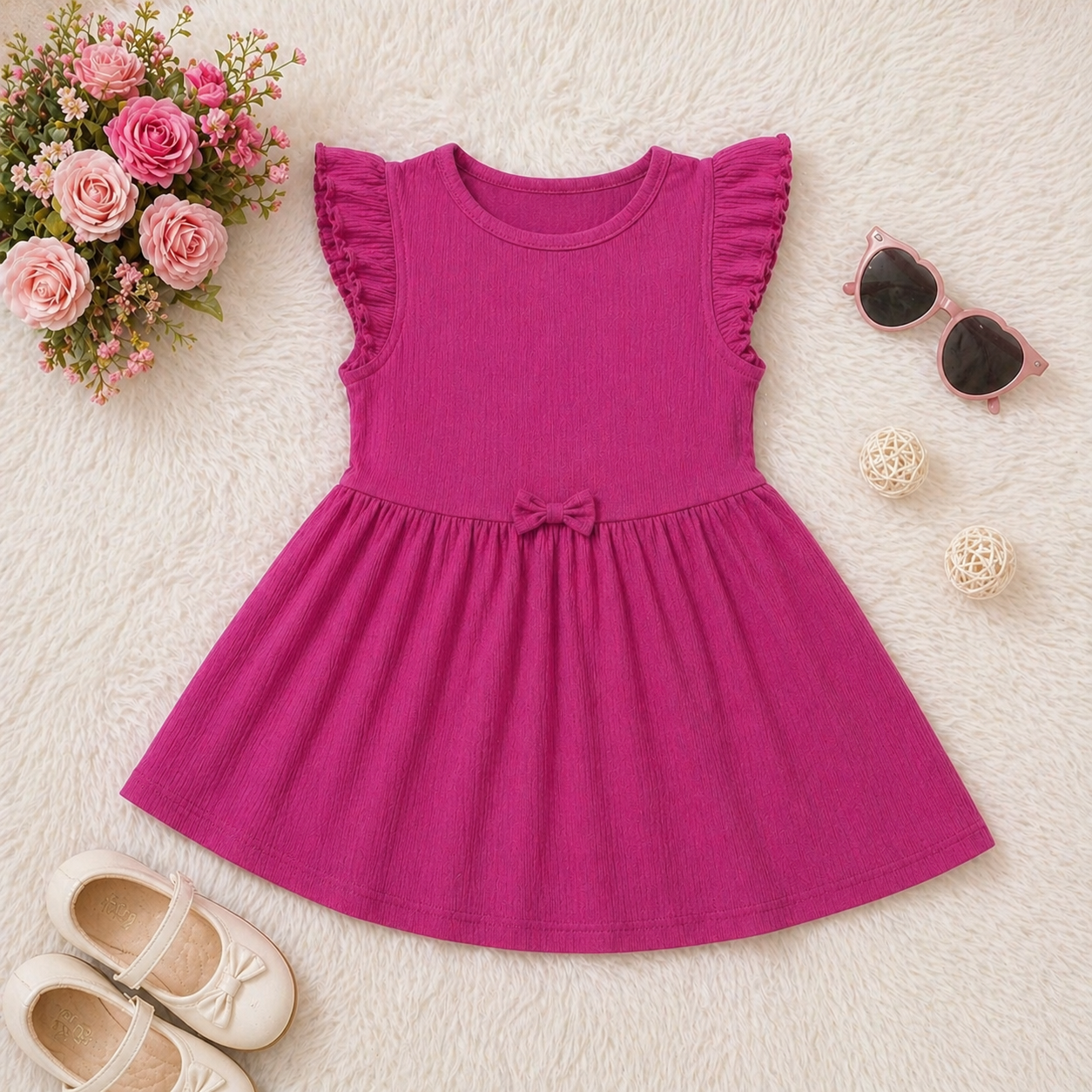 Hot Pink Ribbed Dress with Ruffle Sleeves