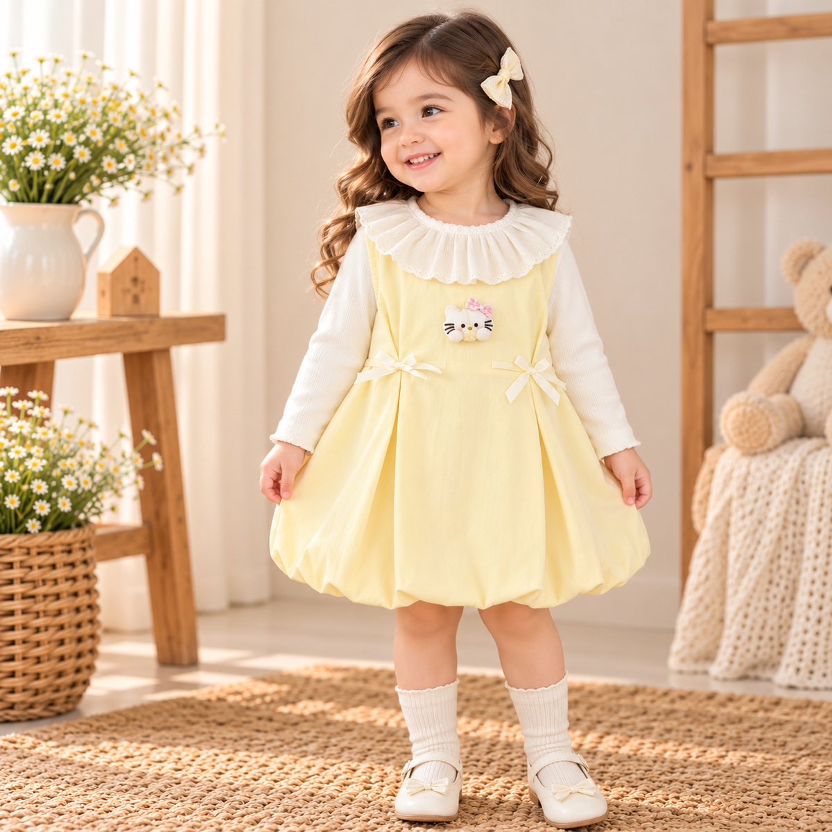 Pastel Yellow Bow Detail Baby Girl Dress with Lace Collar