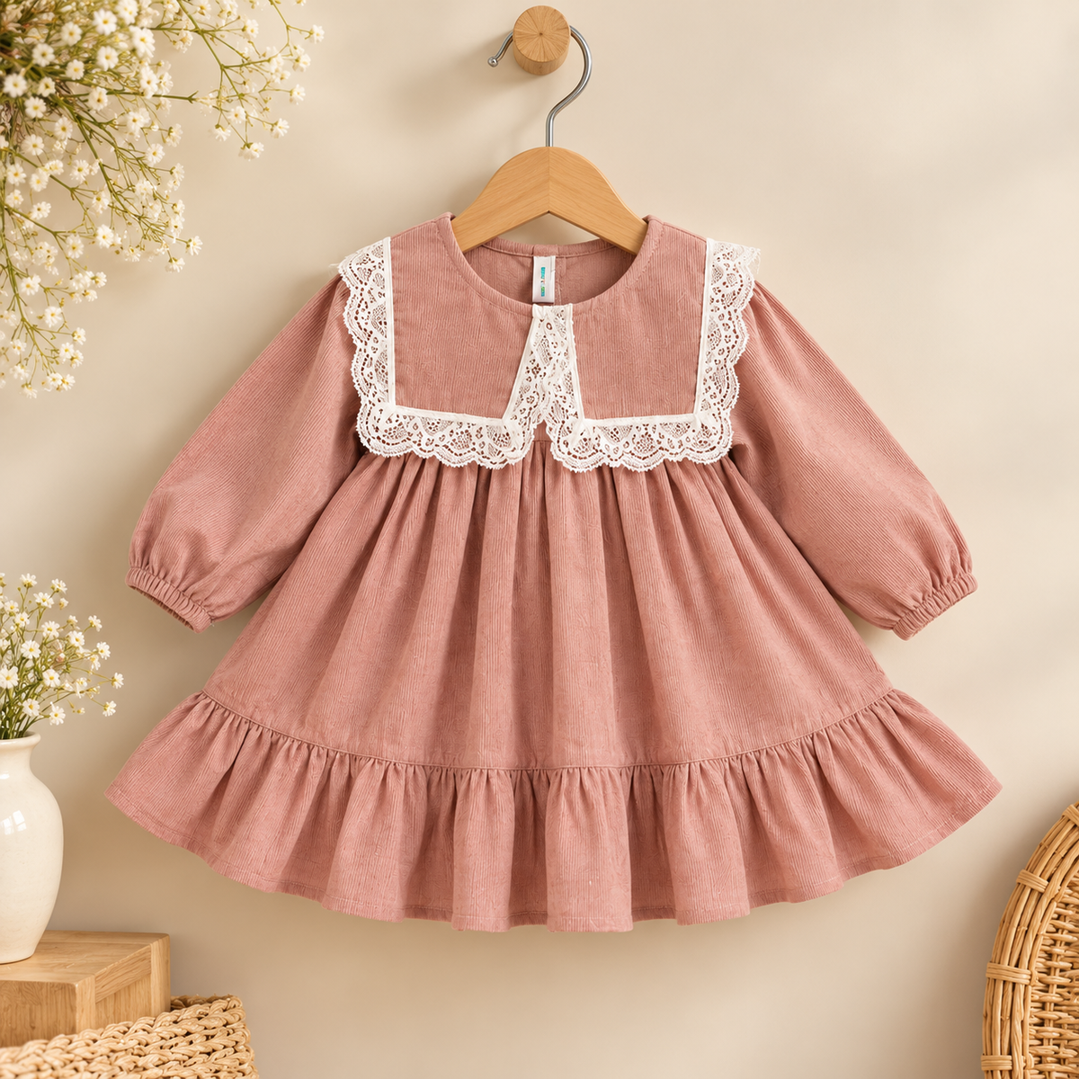 Dusty Pink Baby Girl Dress with Lace Peter Collar