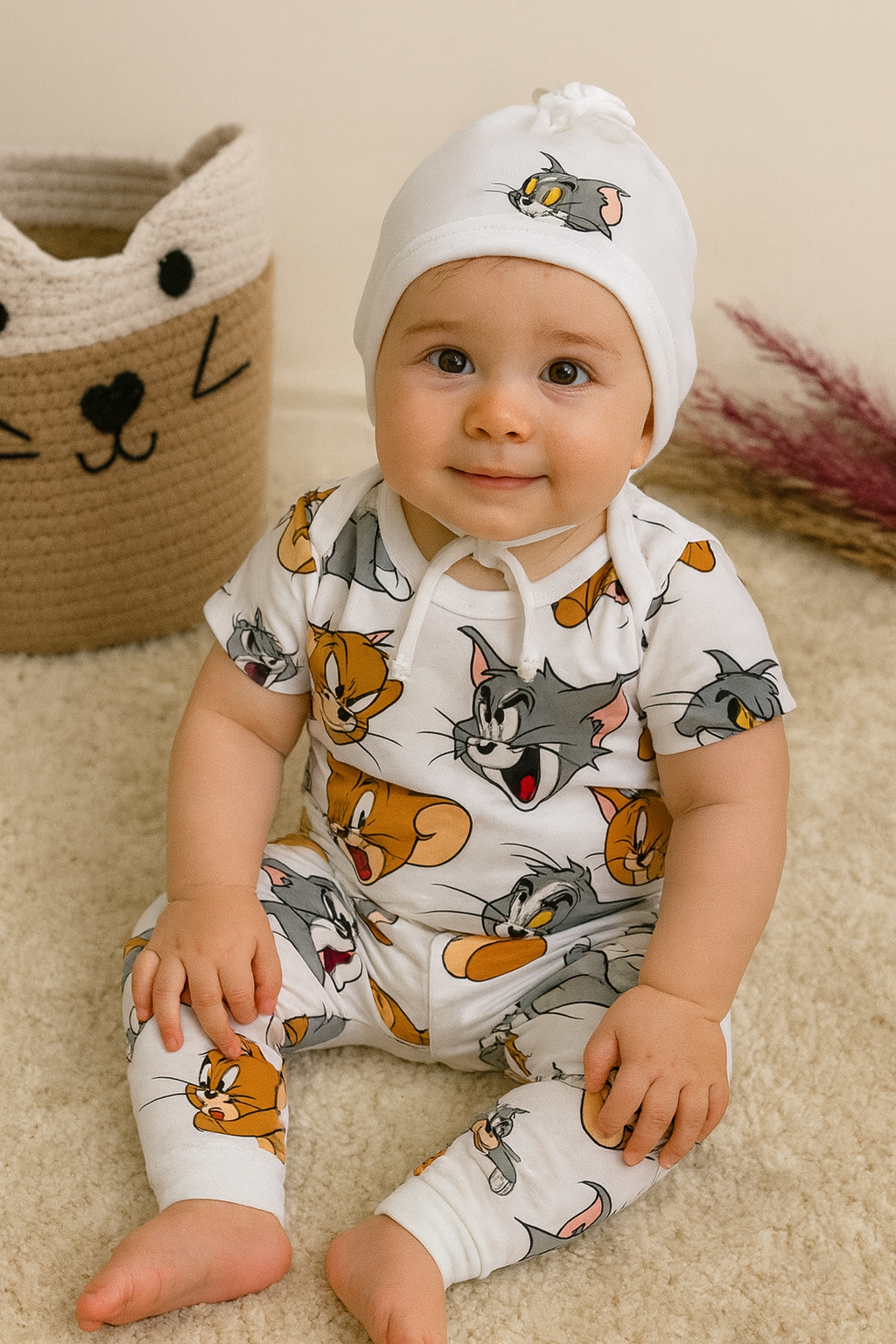 Tom & Jerry Large Print Baby Romper Co-ord Set with Cap