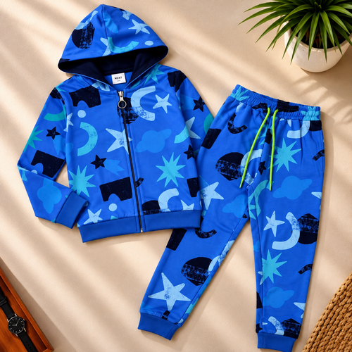 Blue Cosmic Print Hooded Jacket & Jogger Set