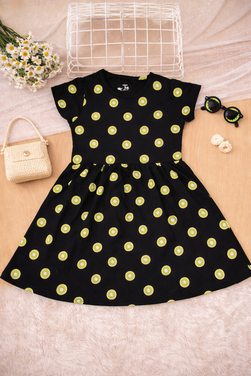 Black Kiwi Print Flare Dress