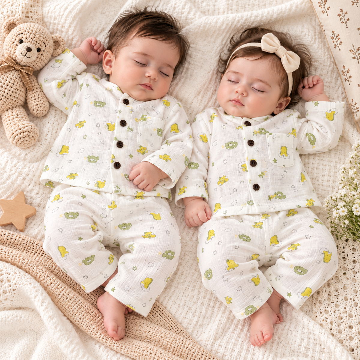 Yellow & Olive Green Printed Muslin Co-ord Set