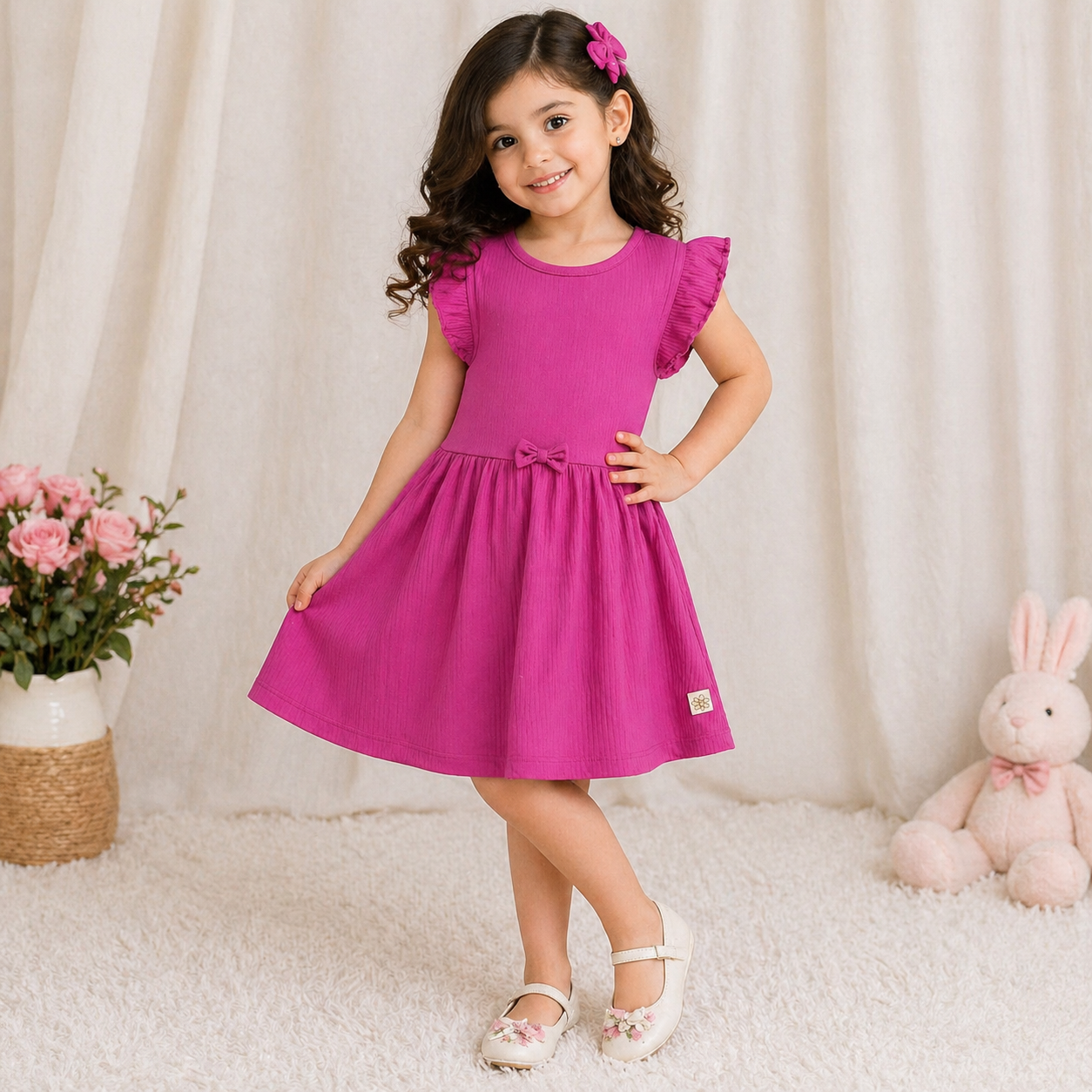 Hot Pink Ribbed Dress with Ruffle Sleeves – Mini Mello Closet