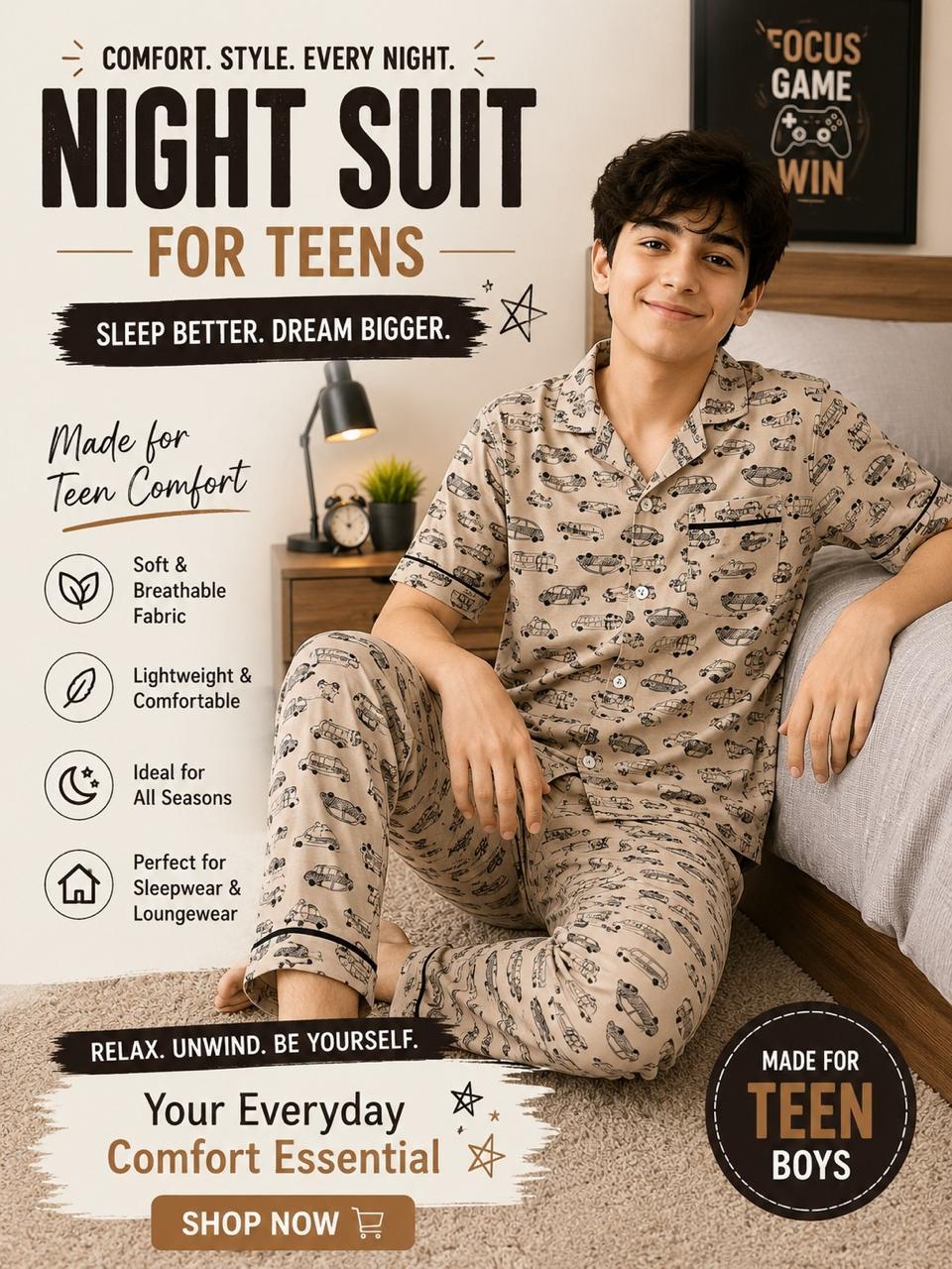 Vintage Car Print Cotton Night Suit