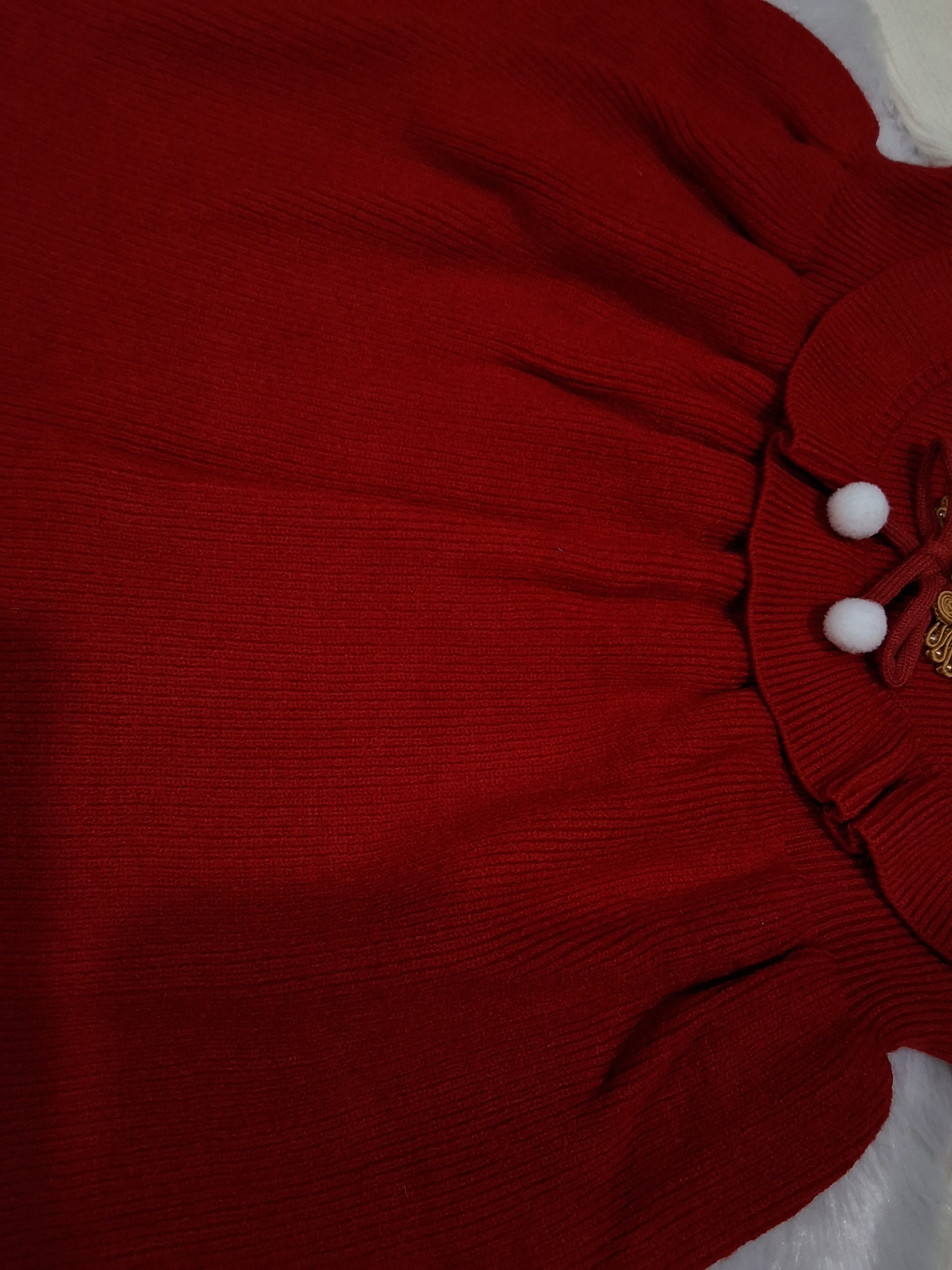 Red & Ivory Knitted Winter Dress for Baby Girls