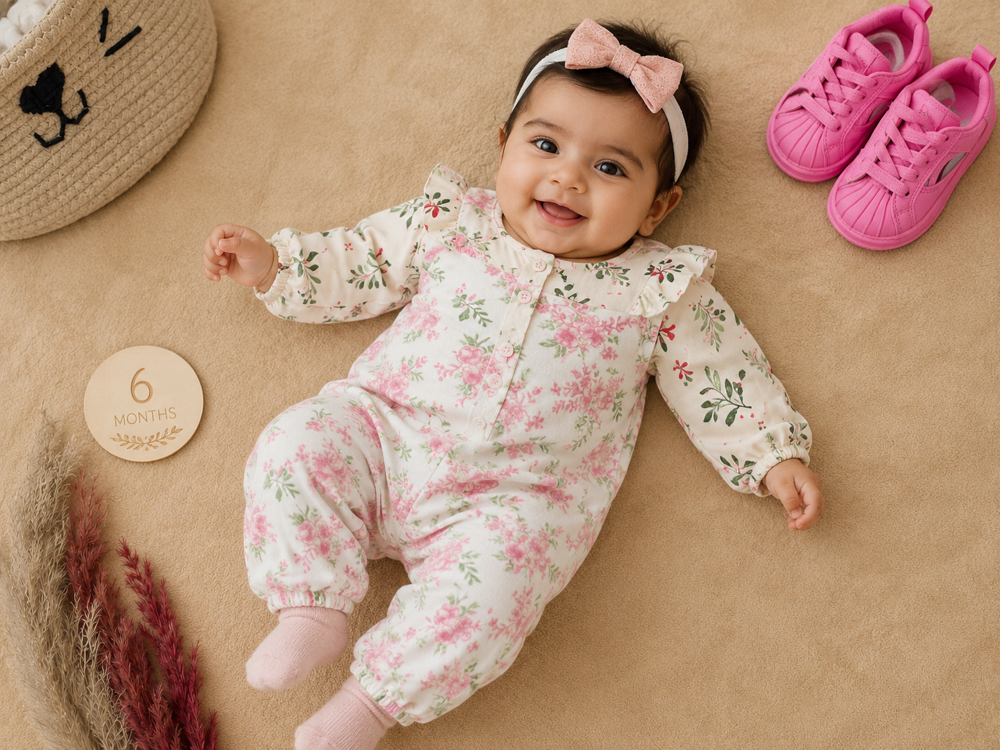 Baby Girls Floral Dungaree Style Jumpsuit Set with Ruffle Collar Top