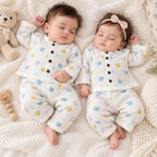 Pastel Bear Print Muslin Button-Down Top & Pajama Set