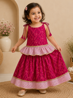 Magenta chundari Printed Top & Skirt Set
