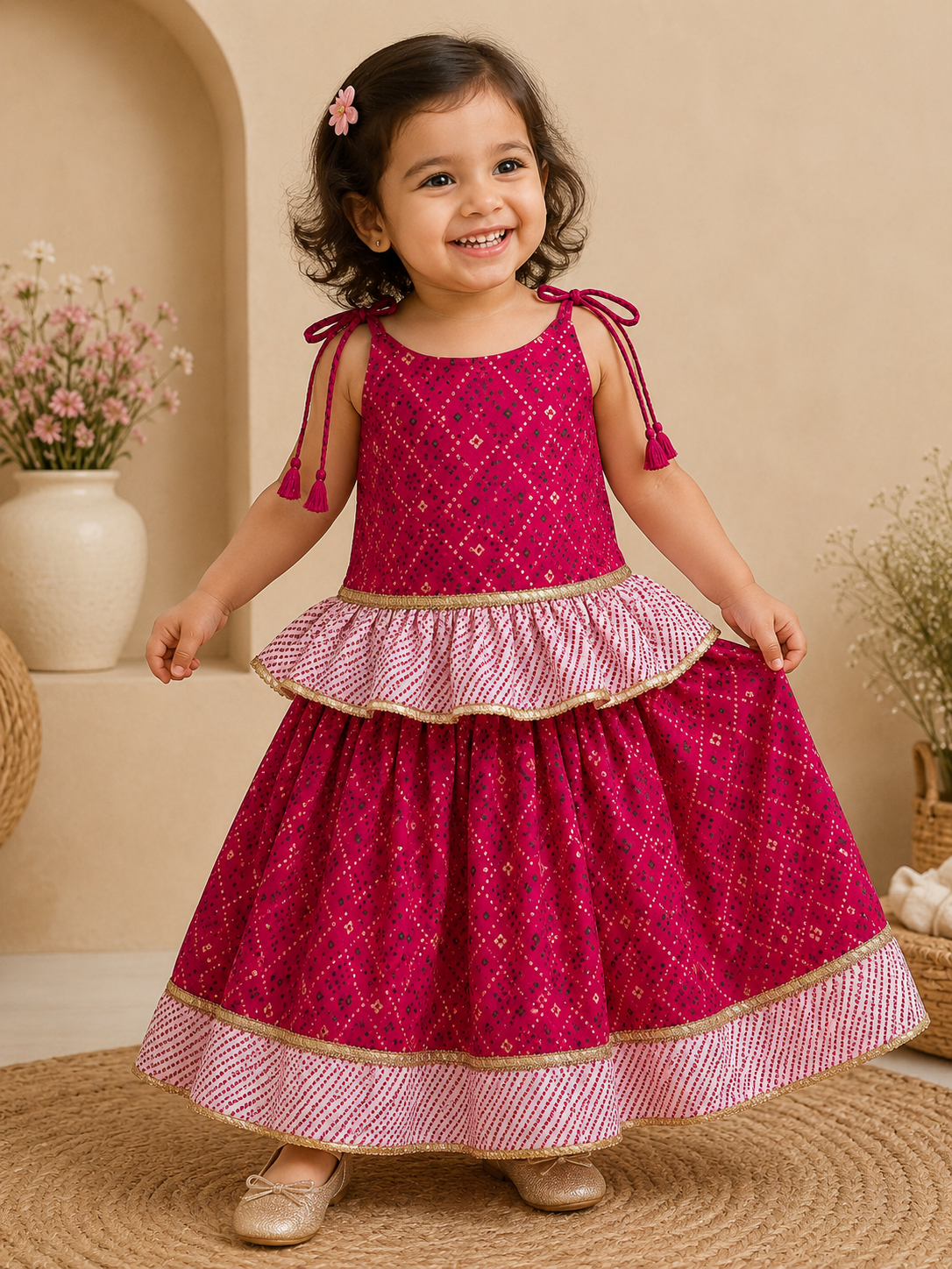 Magenta chundari Printed Top & Skirt Set
