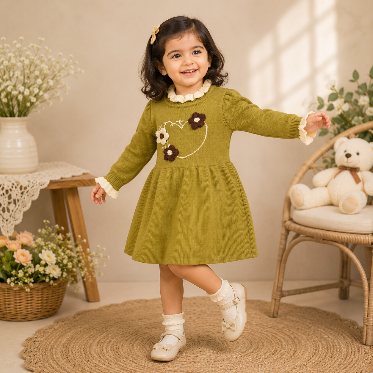 Olive Green Floral Knitted Winter Dress