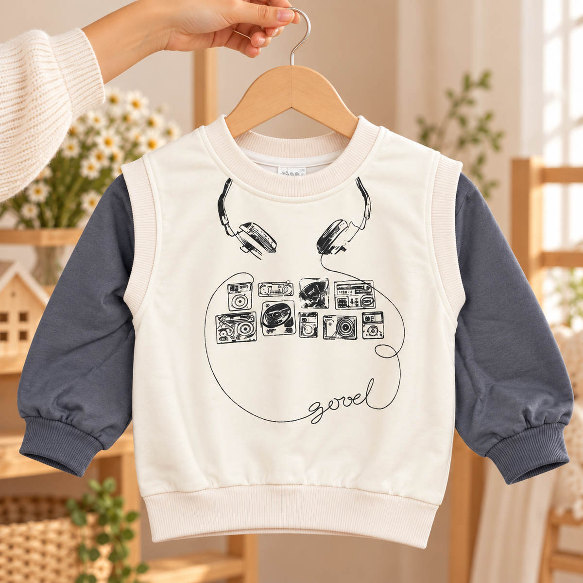 White & Blue Grey Headphone Print Sweatshirt for Kids