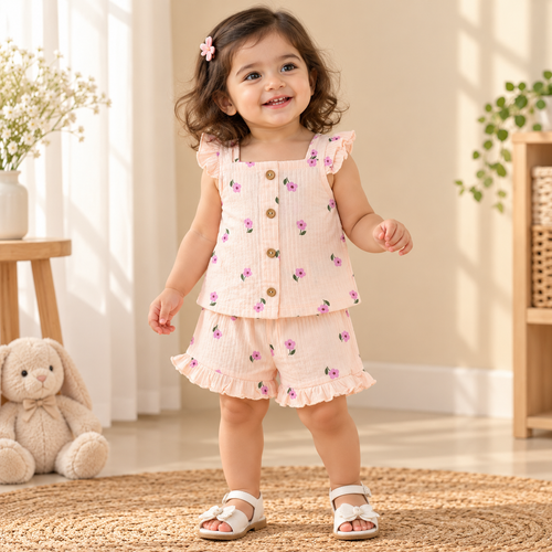 Pink Floral Button-Front Top & Shorts Set