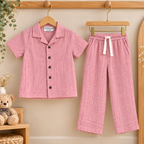 Pink Textured Muslin Shirt & Pants Set