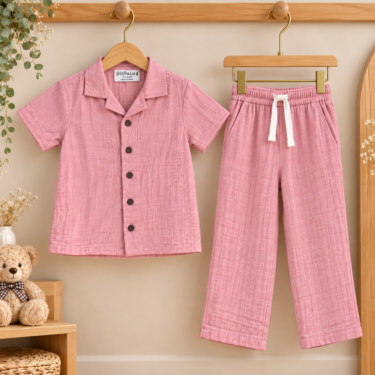 Pink Textured Muslin Shirt & Pants Set