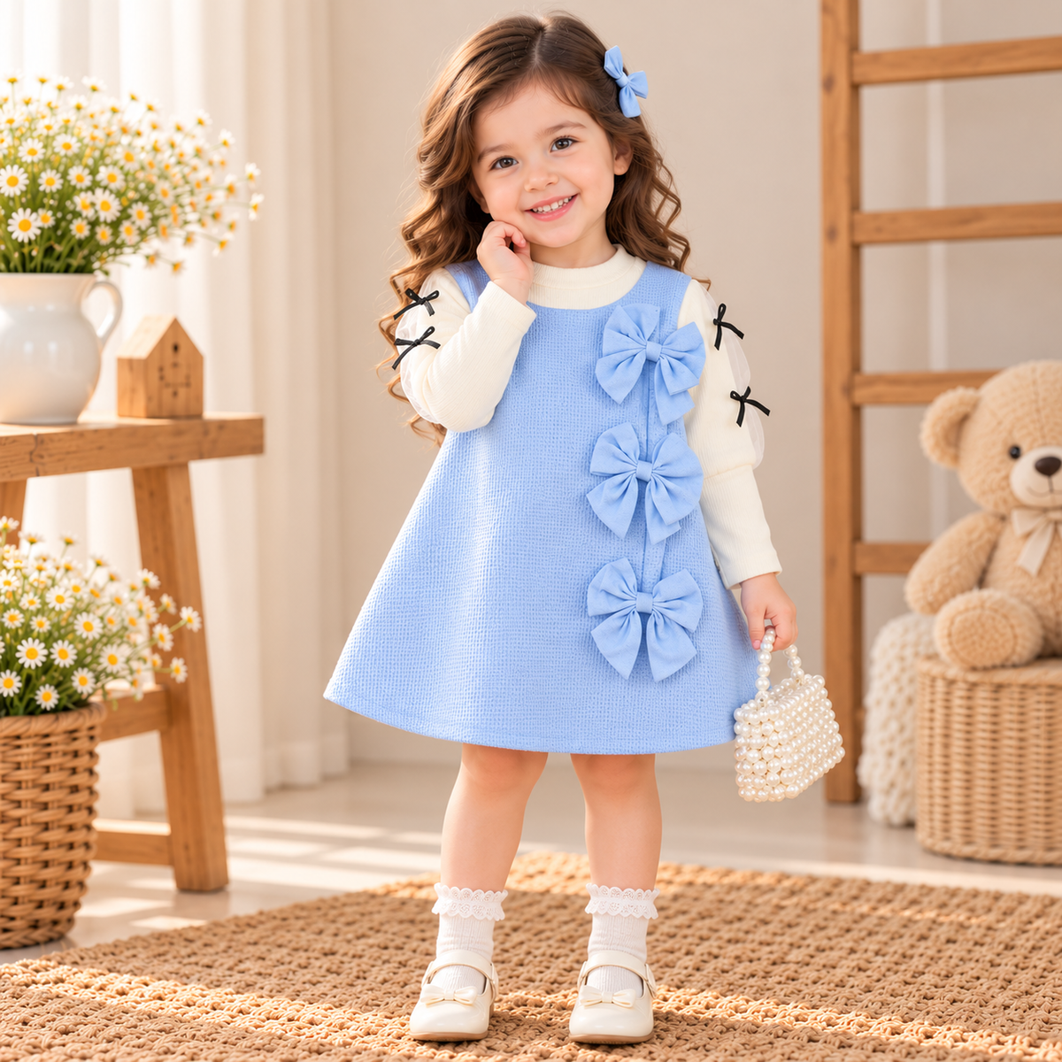 Sky Blue Bow Detail Baby Girl Dress with Full-Sleeve Inner Top