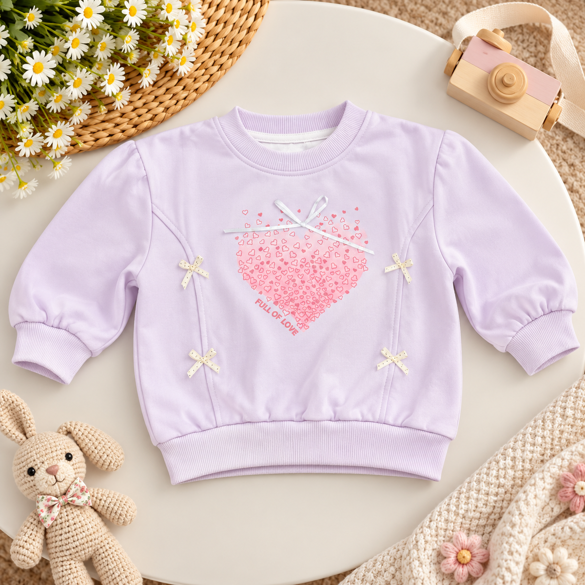 Lavender Heart Print Bow Detail Sweatshirt
