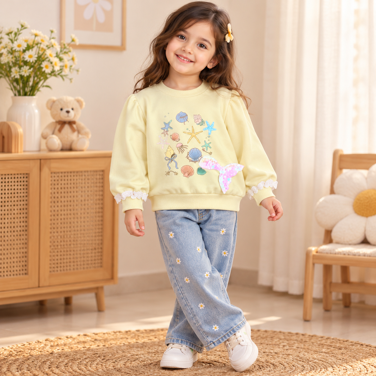 Pastel Yellow Mermaid Appliqué Sweatshirt
