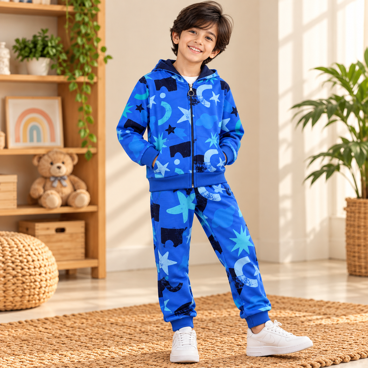 Blue Cosmic Print Hooded Jacket & Jogger Set