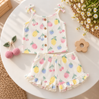 Multicolour Fruit Print Button Top & Ruffle Shorts Set