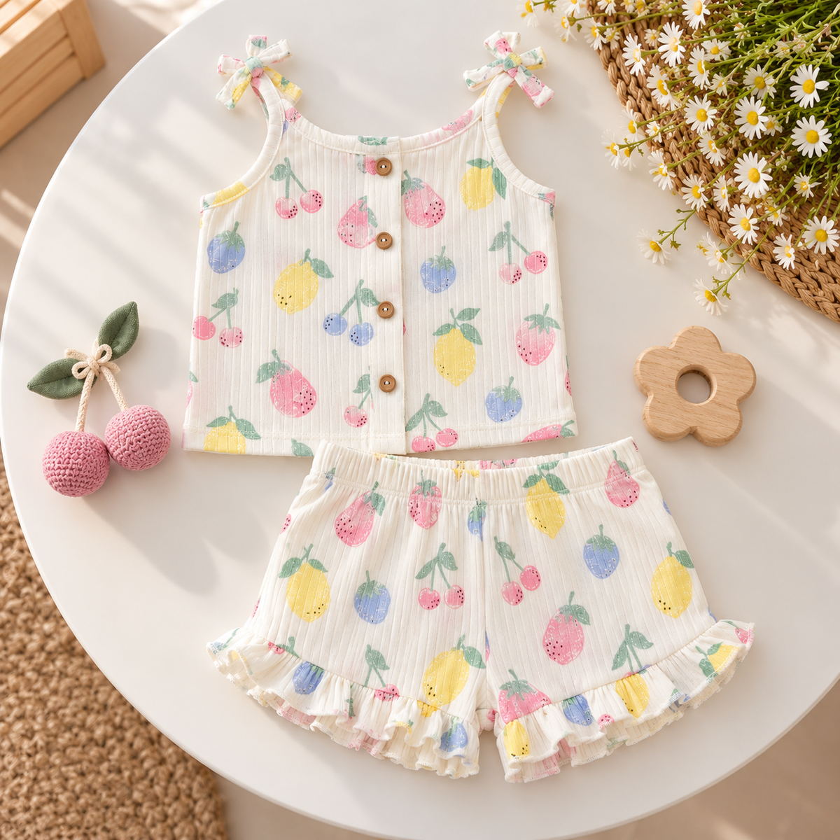 Multicolour Fruit Print Button Top & Ruffle Shorts Set