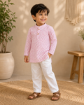 Pink Chundari Printed Kurta with White Pants Set