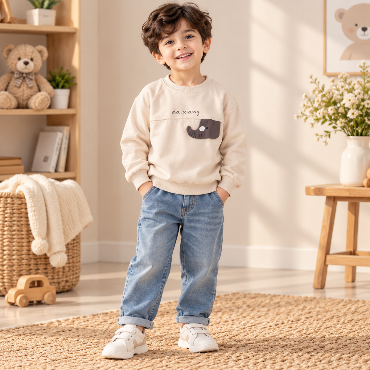 Beige Elephant Appliqué Sweatshirt