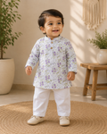 White Floral Kurta with White Pants Set