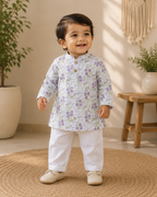 White Floral Kurta with White Pants Set