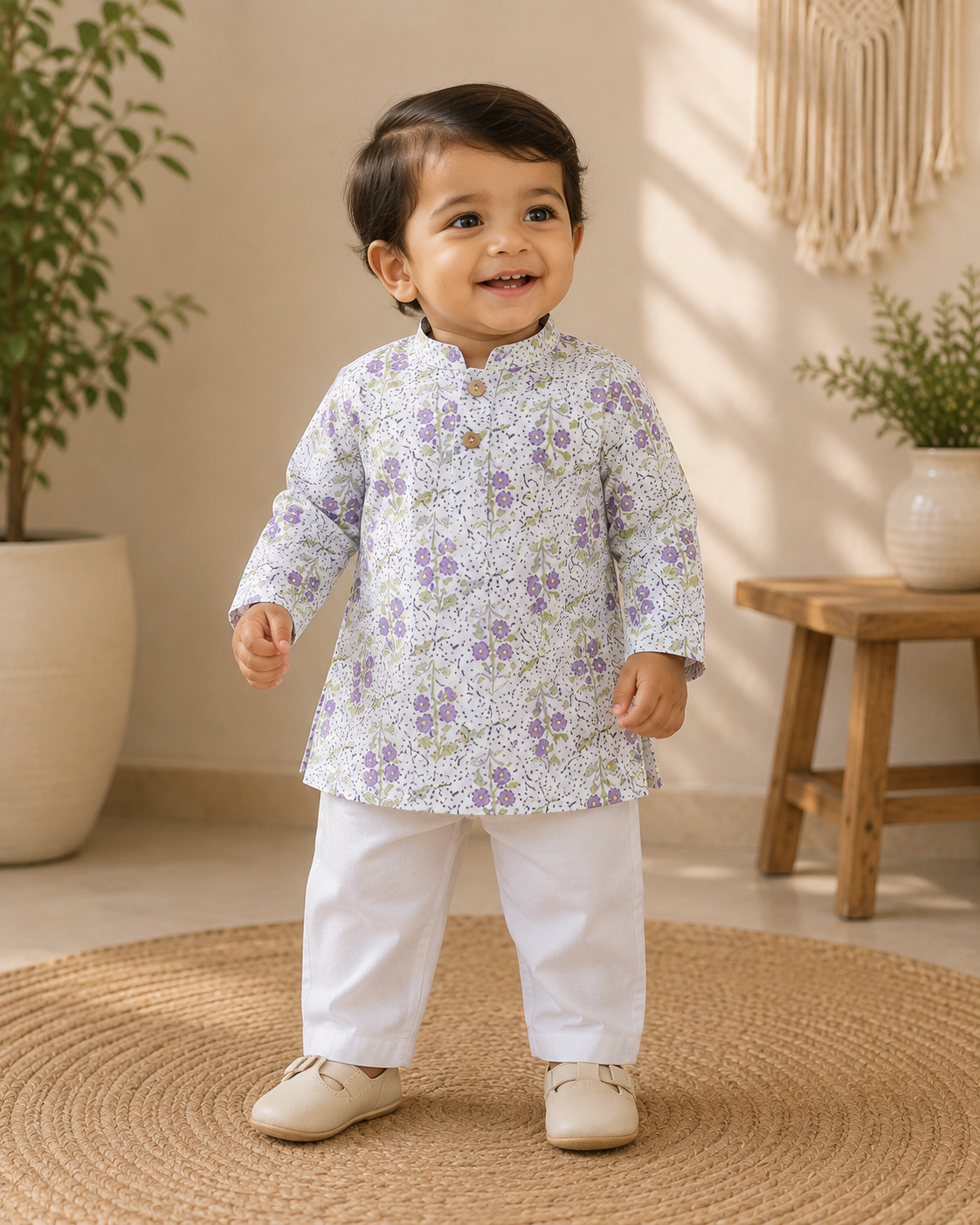 White Floral Kurta with White Pants Set