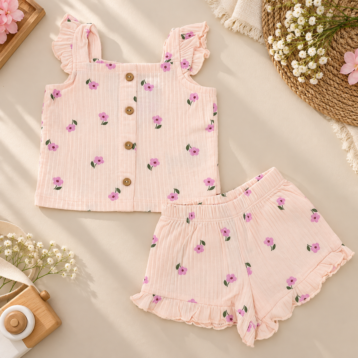 Pink Floral Button-Front Top & Shorts Set
