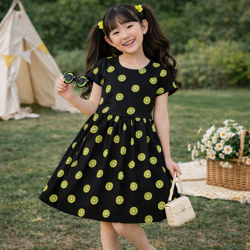 Black Kiwi Print Flare Dress