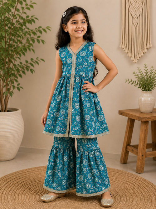 Teal Floral Kurta & Sharara Set