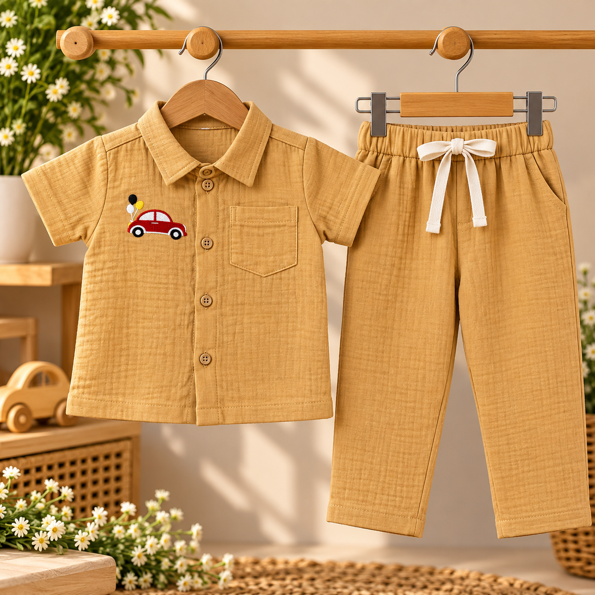 Little Car Ride Mustard Muslin Shirt & Pants