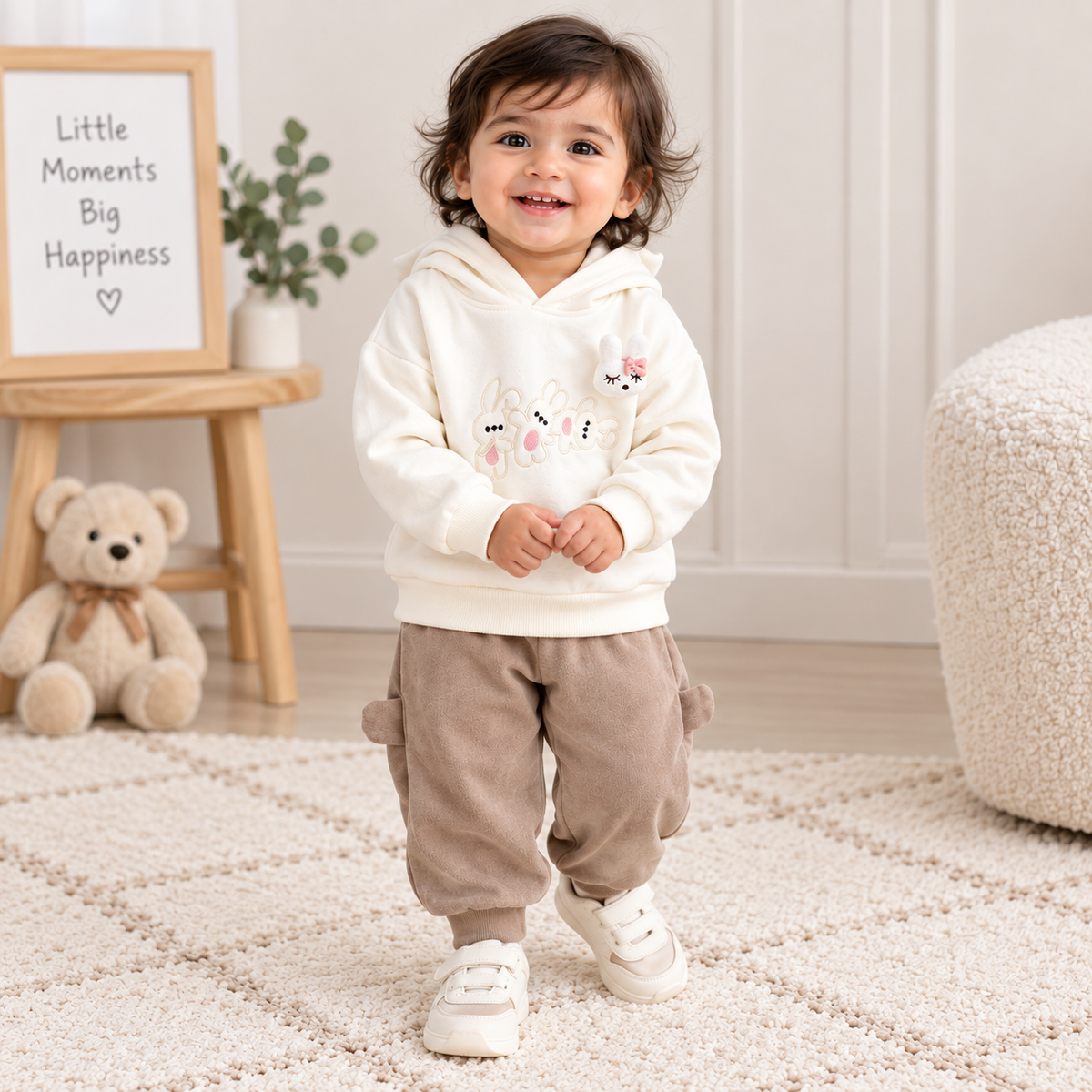 White Brown Bunny Hoodie Set