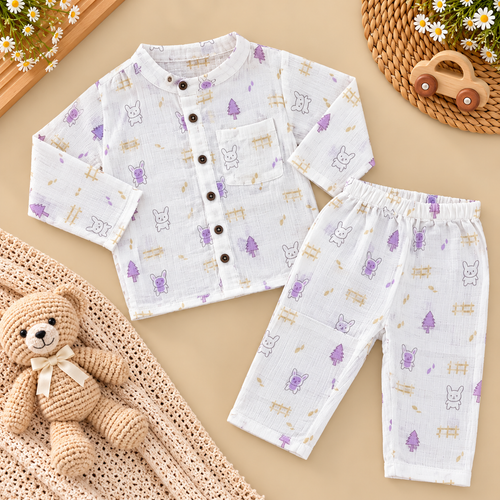 Purple Bunny & Tree Printed Muslin Co-ord Set